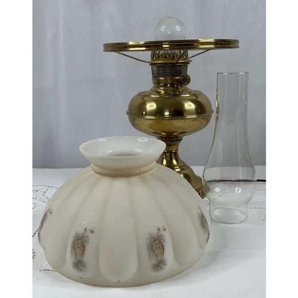 Aladdin Brass Table Lamp w/ Hand-Painted Milk Glass Shade – Model Works - Picture 8 of 12